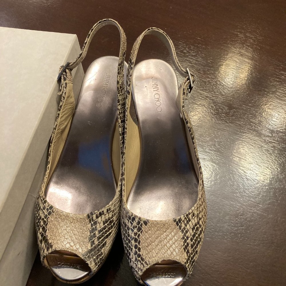 JIMMY CHOO Snake Print Leather Wedge Sandals 3" Cork Heels Size 40.5 / 10 B